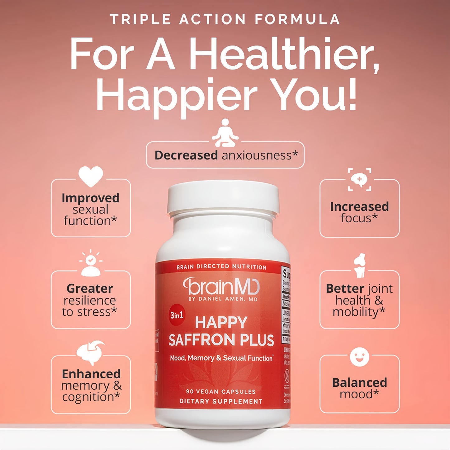 BRAINMD Dr Amen Happy Saffron Plus - 90 Capsules - with Saffron Flower Extract, Curcumin & Zinc - Vegan, Gluten Free - 30 Servings | 30 Servings