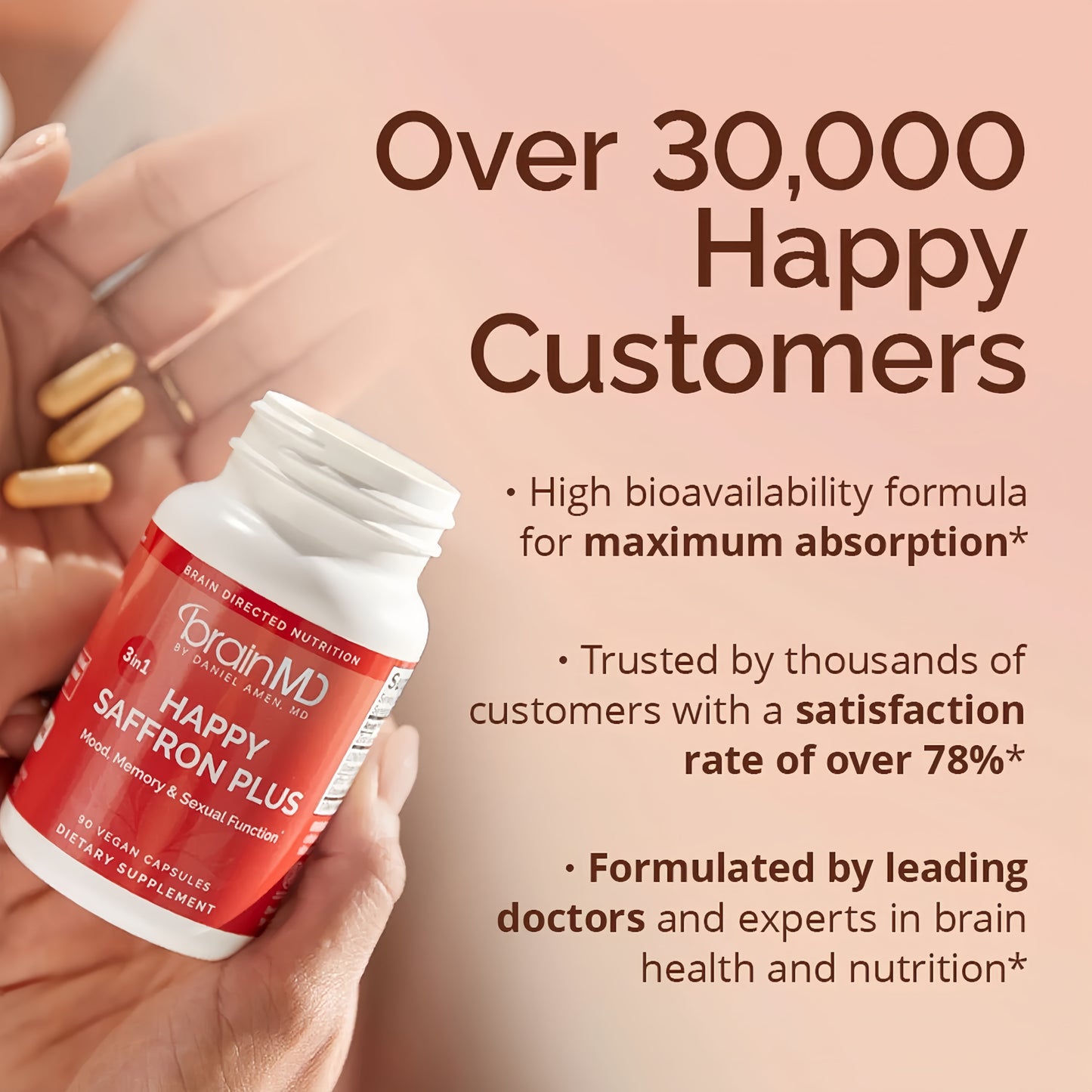 BRAINMD Dr Amen Happy Saffron Plus - 90 Capsules - with Saffron Flower Extract, Curcumin & Zinc - Vegan, Gluten Free - 30 Servings | 30 Servings