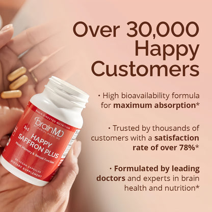 BRAINMD Dr Amen Happy Saffron Plus - 90 Capsules - with Saffron Flower Extract, Curcumin & Zinc - Vegan, Gluten Free - 30 Servings | 30 Servings